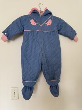 Vintage Tiny Tots Baby Snowsuit Pram Suit Footed Blue Floral Hooded Size 24